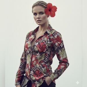 Cino Floral Print Cotton Top Crinkle Rio Inspired Colors Red Black Green White